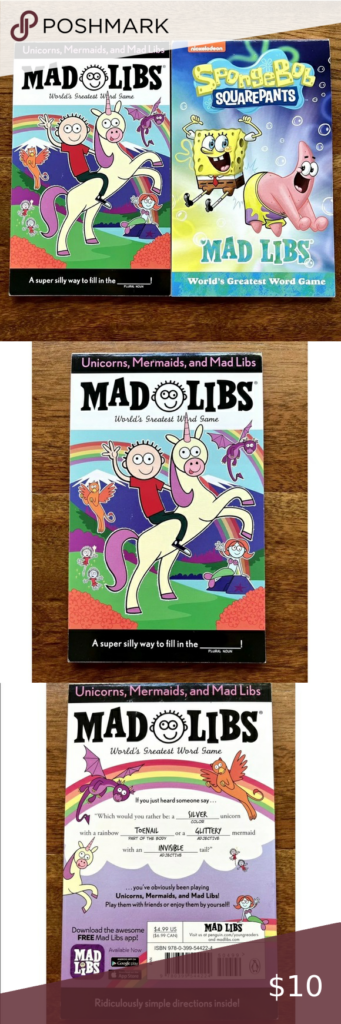 2 Mad Libs Activity Books SpongeBob SquarePants Unicorns Mermaids 