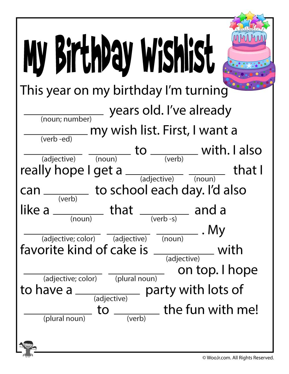 Birthday Wishlist Printable Mad Libs Woo Jr Kids Activities Kids