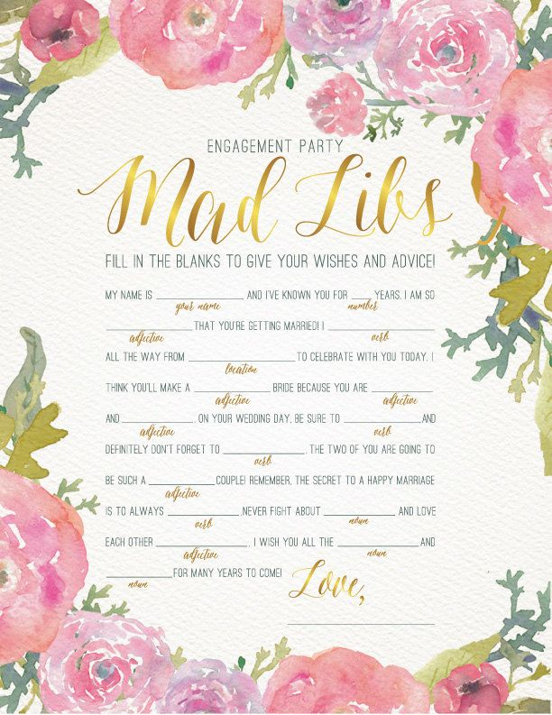ENGAGEMENT PARTY GAME Mad Libs Watercolor Floral Design In Etsy 