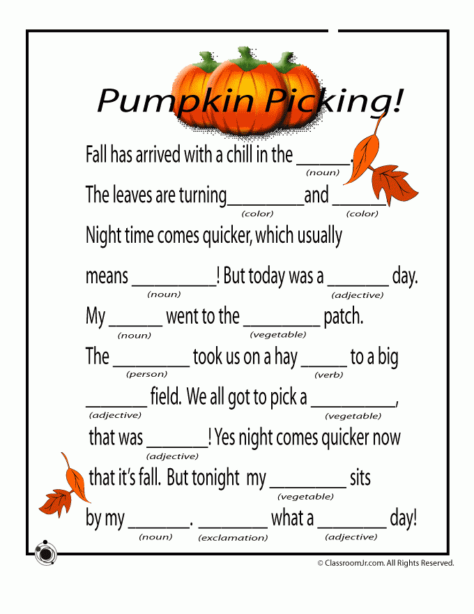 Fall Mad Libs Thanksgiving Mad Lib Pumpkin Classroom Mad Libs For