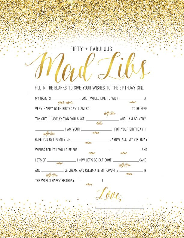 FIFTY FABULOUS Mad Libs 50th Birthday Game Gold Glitter Etsy In