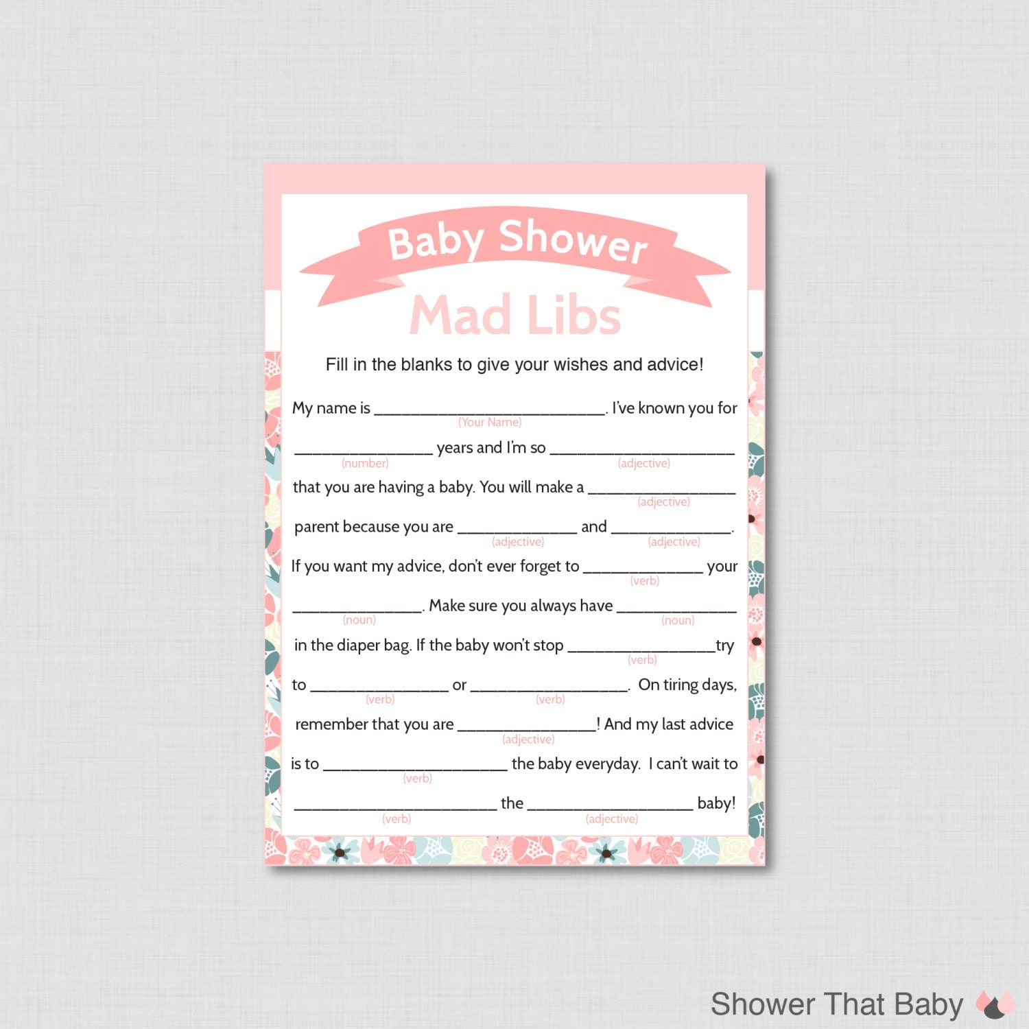 Floral Baby Shower Mad Libs Printable Baby Shower Advice Etsy In 2021 