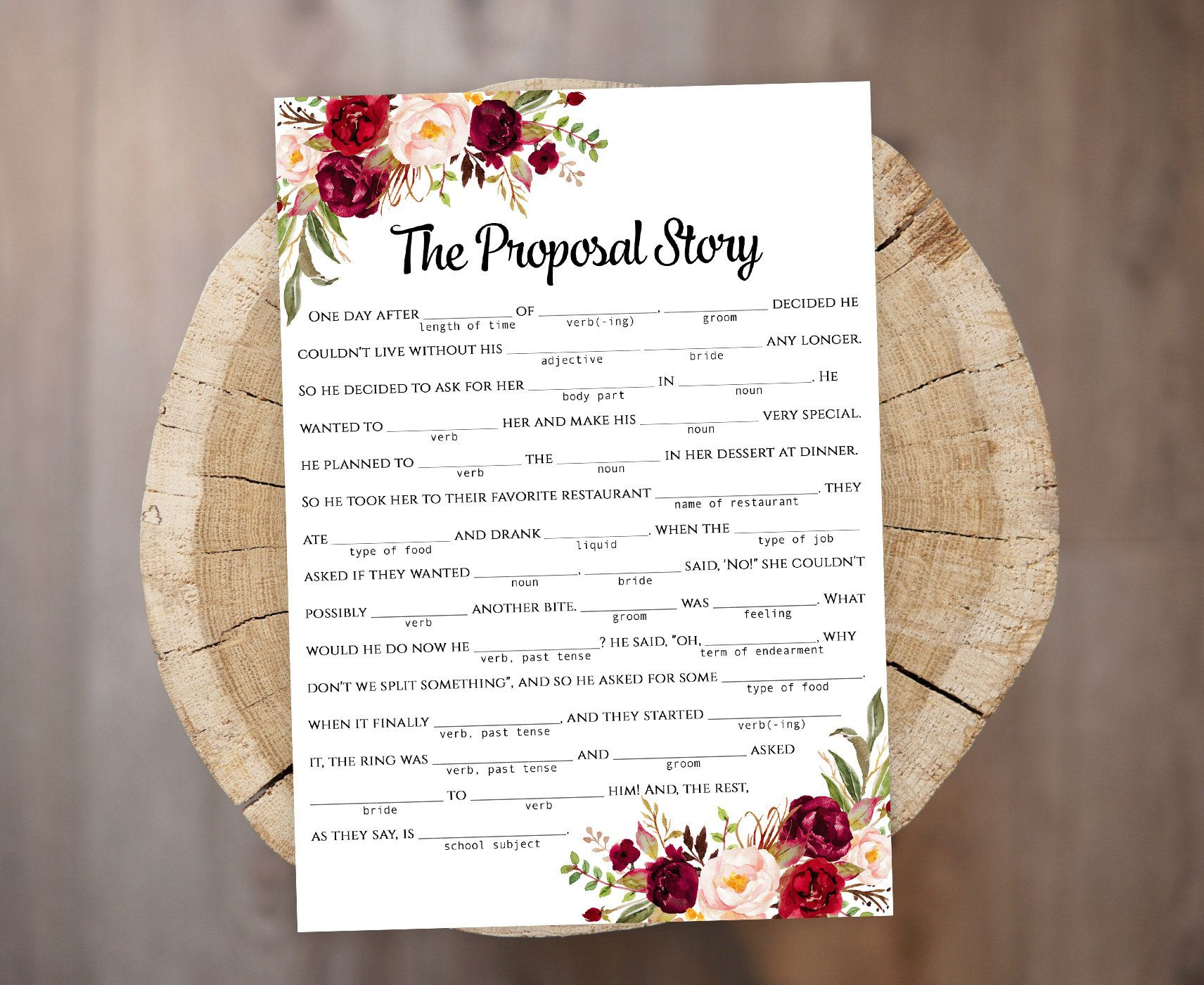 Floral Mad Lib Bridal Shower Tea Party Game The Proposal Story Guest