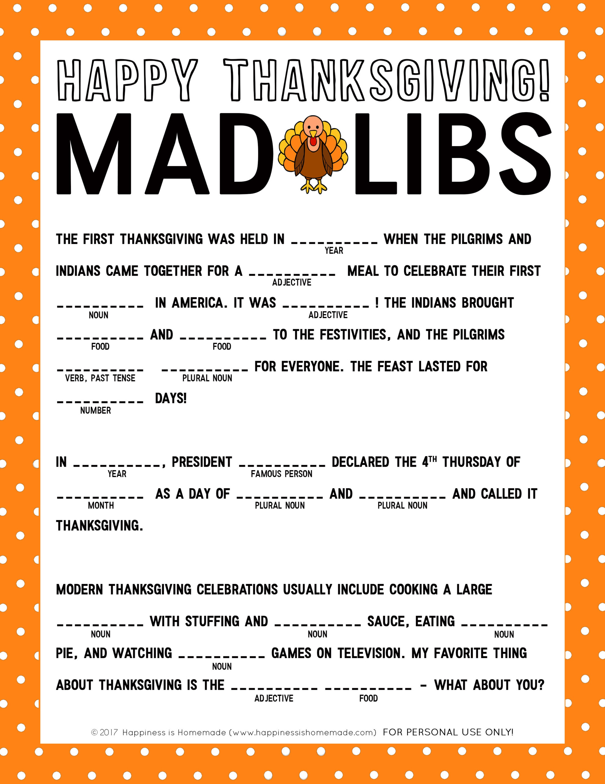 Free Printable Thanksgiving Mad Libs Free Printable