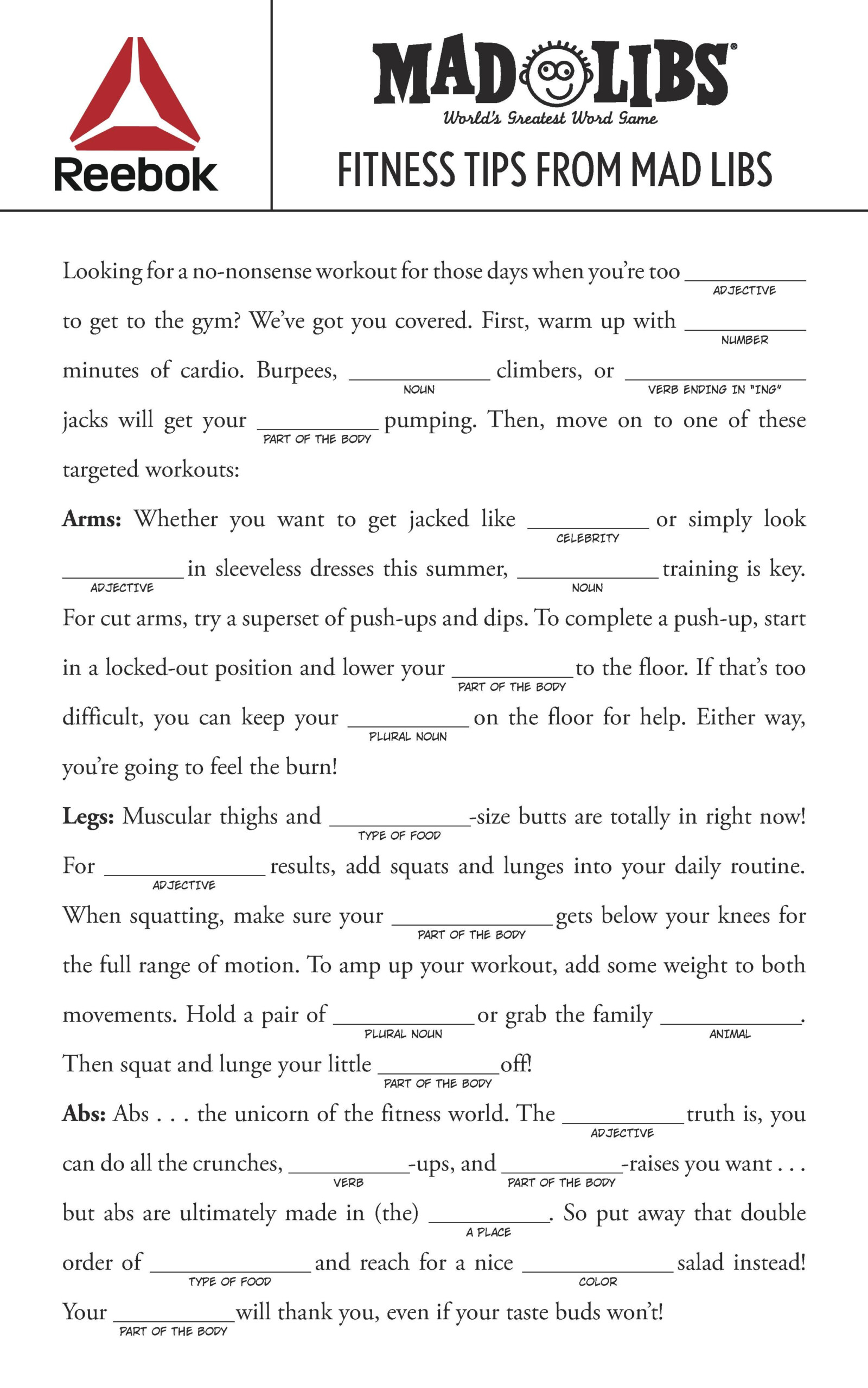 Get Fit With This ADJECTIVE Mad Libs Workout Fitness reebok