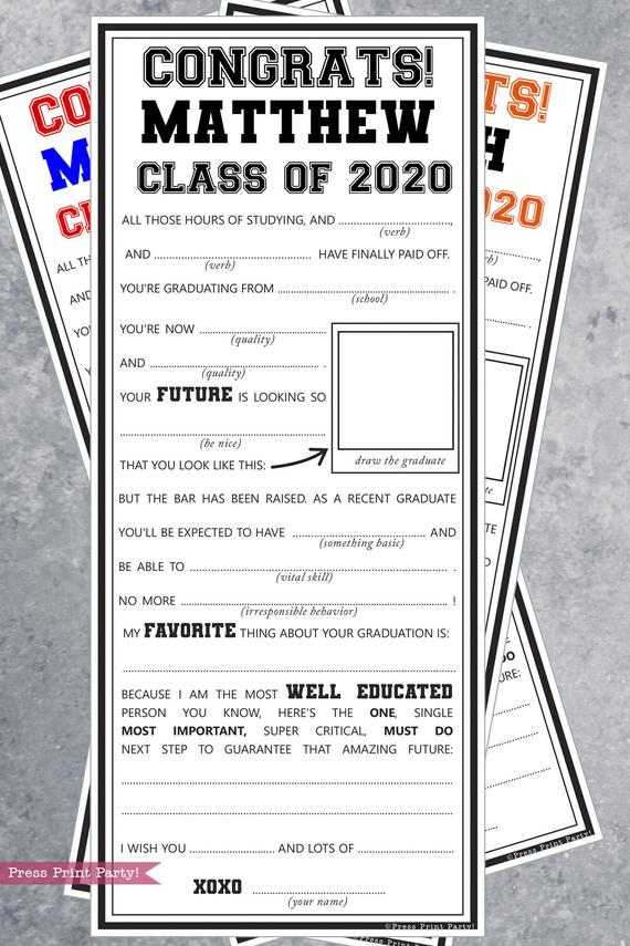 Graduation Mad Libs Printable Instant Download Press Print Party 