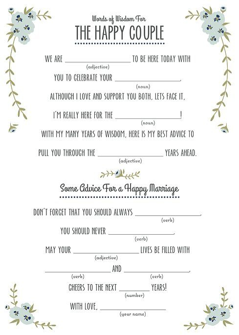 Invitations Announcements Paper Wedding Activity For Guests Mad Libs 