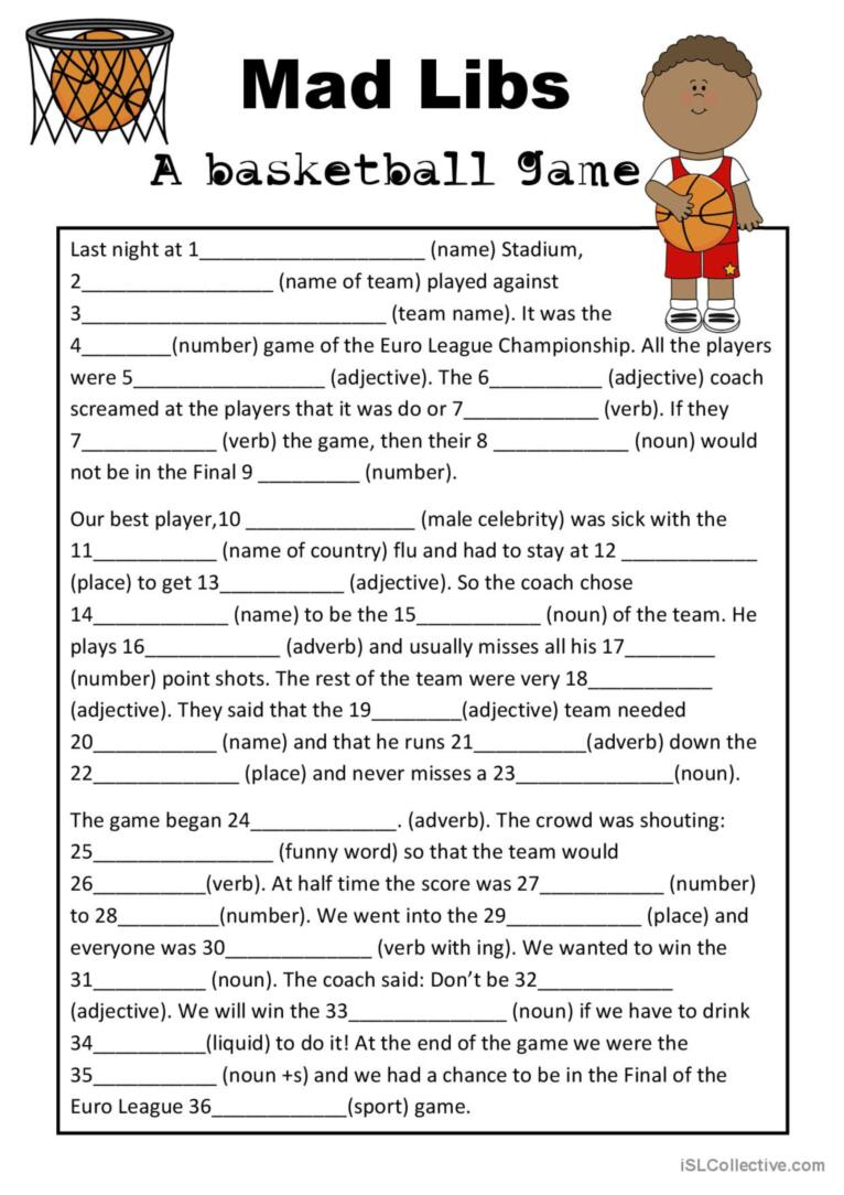 Mad Libs Basketball Game Mad Libs English ESL Worksheets Pdf Doc