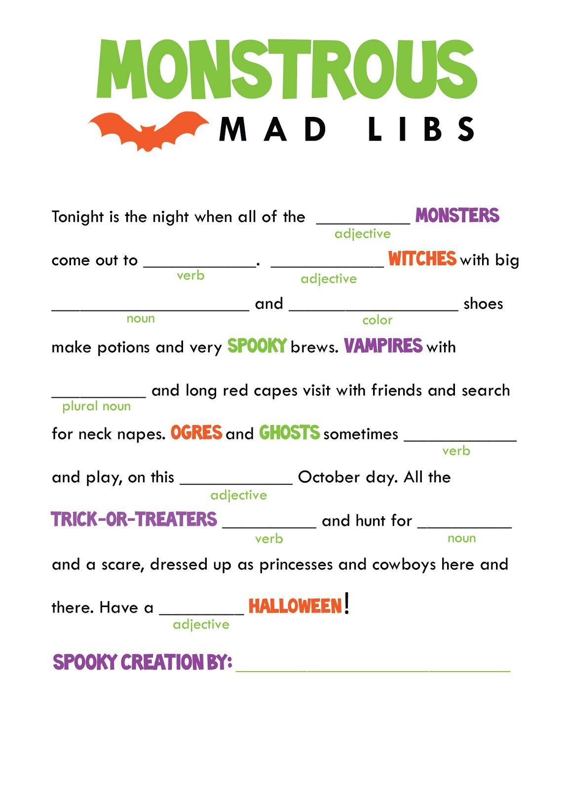 Mad Libs Halloween Worksheets Halloween Fun Halloween School