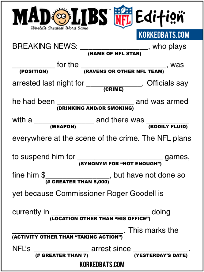 Mad Libs NFL Edition Korked Bats