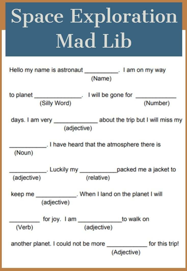 Space Exploration Mad Lib Space Activities For Kids Space Games For