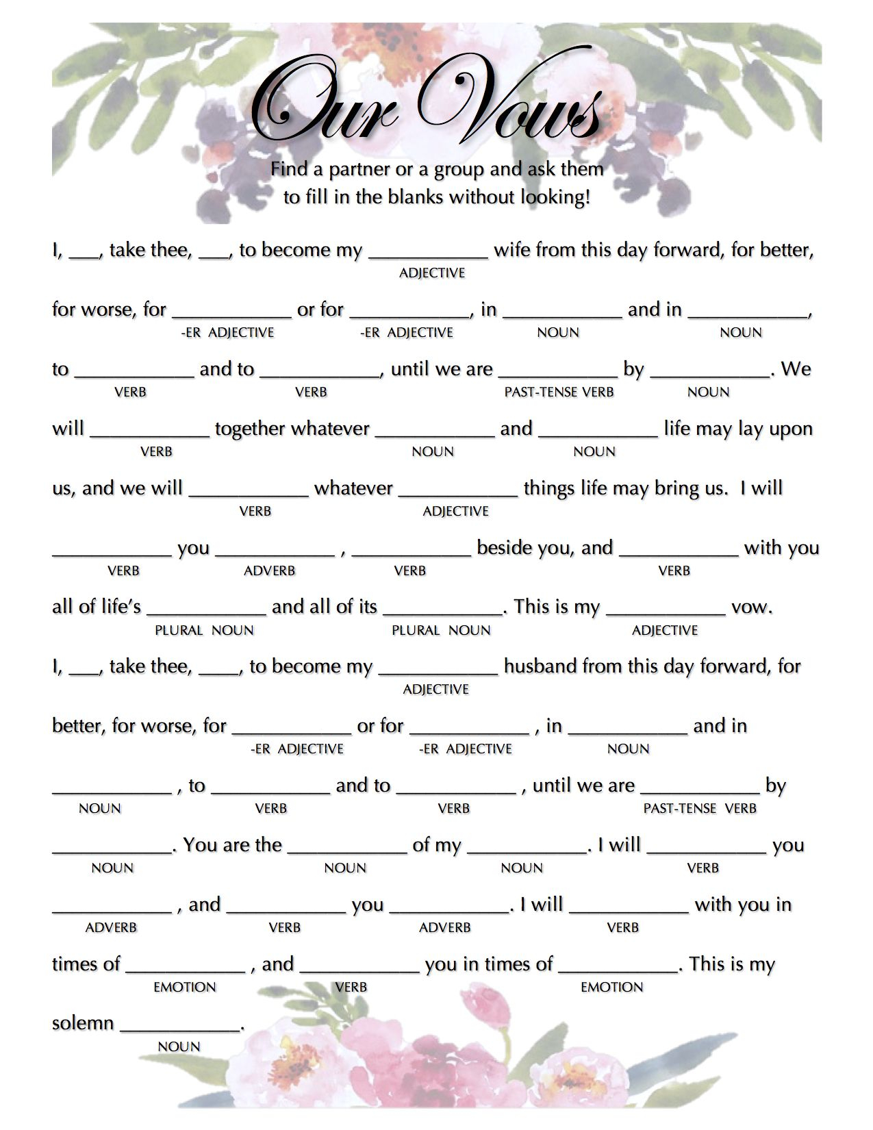 Wedding Vow Mad Libs Nouns And Adjectives Wedding Wedding Vows