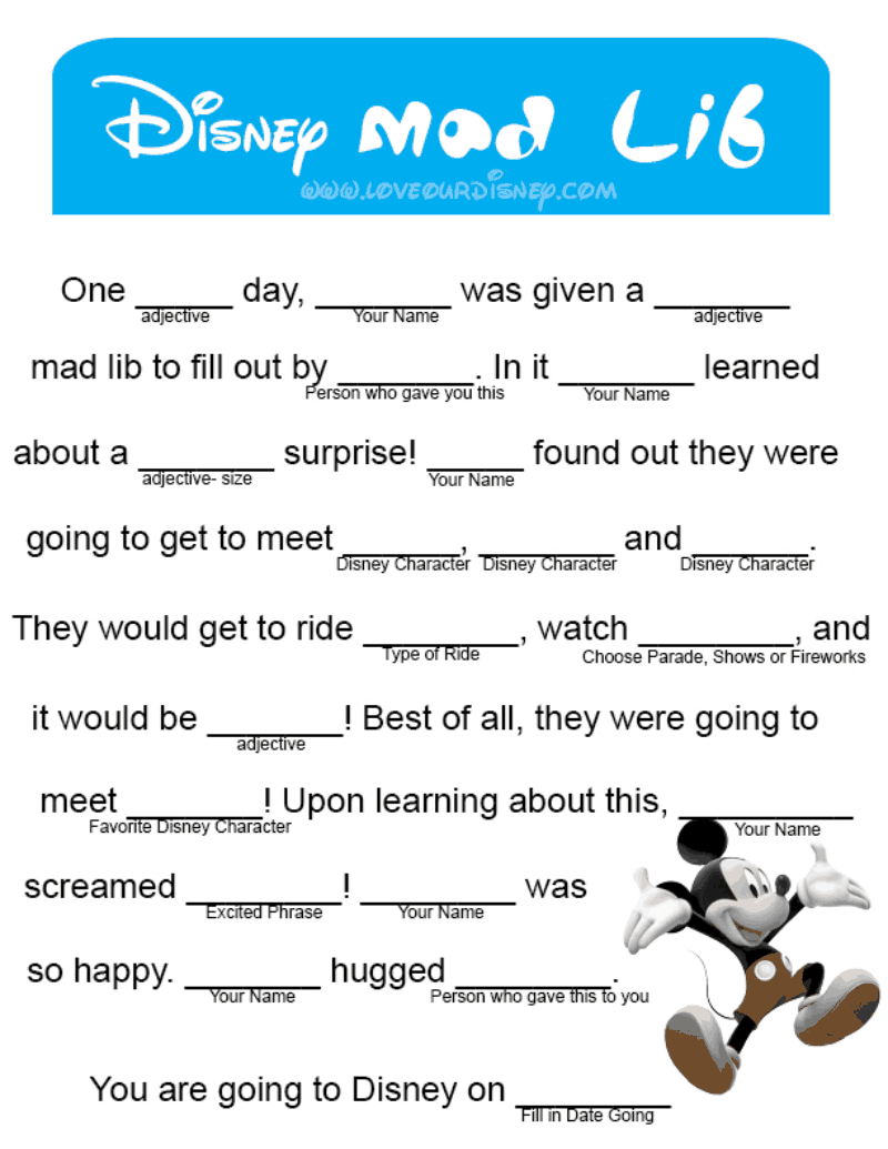 Announce Disney Mad Lib pdf Google Drive Disney Trips Disney World 