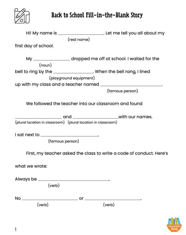 Back To School Fill In The Blank Story Printables Imagination Soup