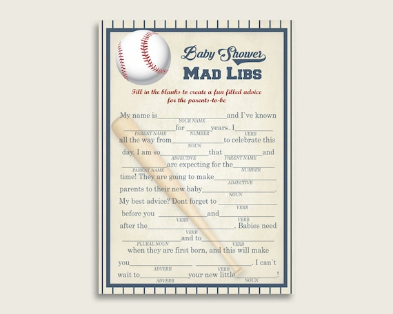 Blue Beige Mad Libs Baby Shower Boy Game Printable Baseball Mad Libs