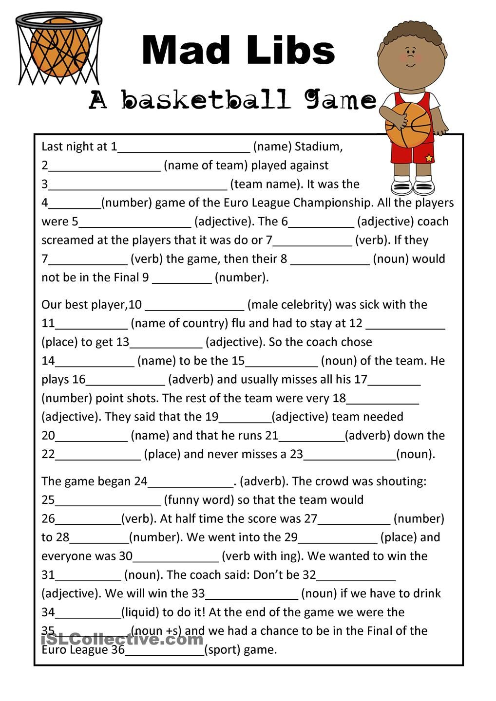 Mad Libs Basketball Game Parts Of Speech Worksheets Kids Mad Libs 