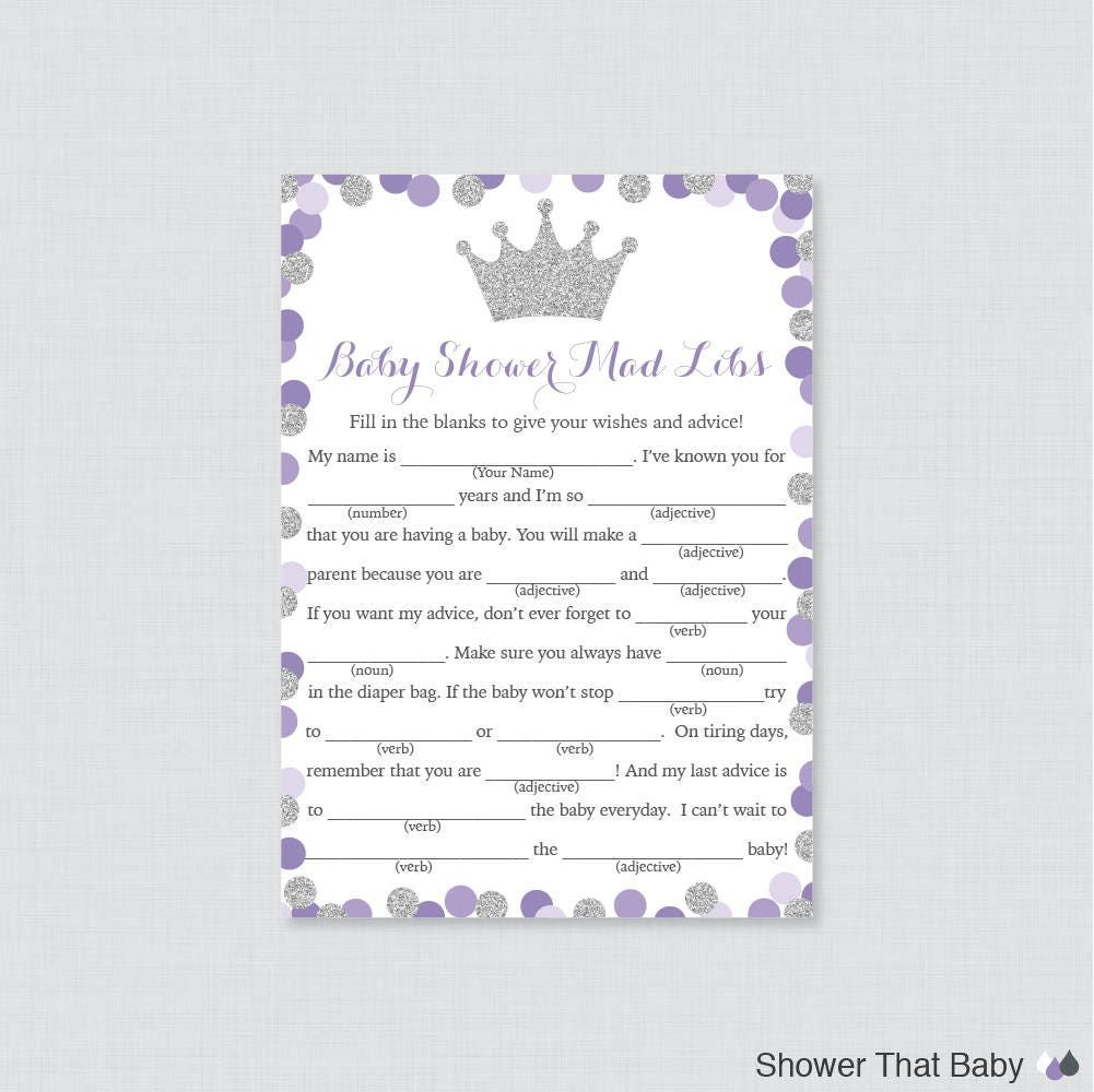 Princess Baby Shower Mad Libs Printable Purple And Gray Etsy In 2022 