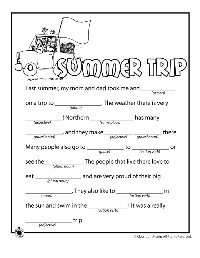 Summer Trip Ad Libs Woo Jr Kids Activities Summer Worksheets Mad 