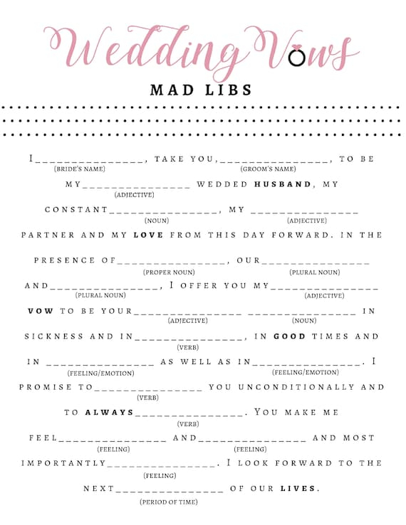 Wedding Vows Mad Libs Bridal Shower Game Printable Simple Black And 